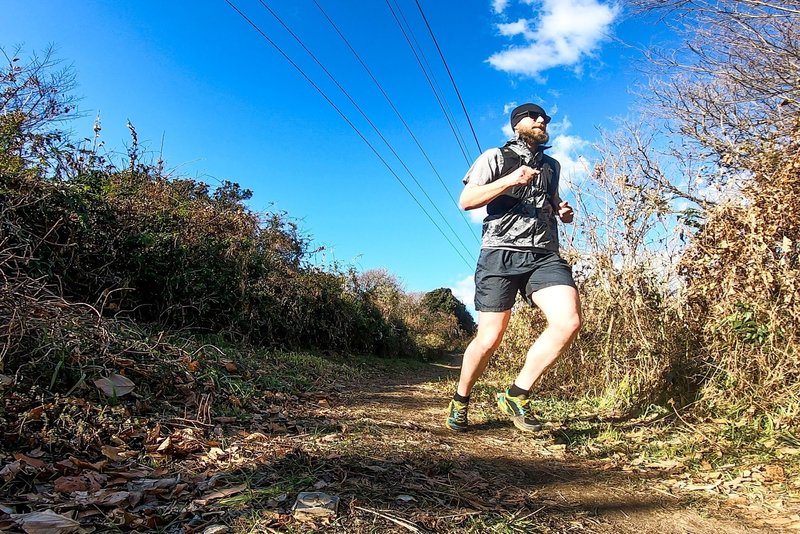 Running through one of the wider sections of trail with the high voltage power lines overhead.