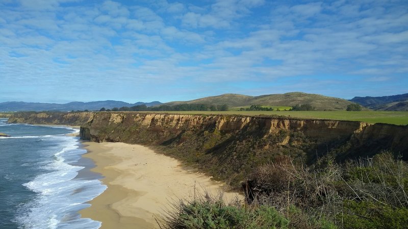 Pacific Ocean, beach, sandstone cliffs, green fields and hills = the West Coast. Seen looking north from the Seal Rock Overlook Spur.