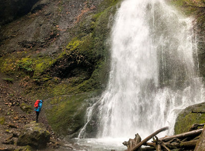 Standing beneath Marymere Falls.