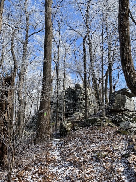 Rock formations on Chimney Trop Trail in the winter.