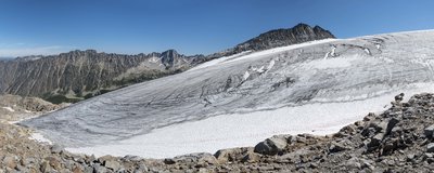 Kokanee Glacier and the Sawtooth Range from the viewpoint far above Slocan Chief cabin.