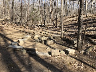 Stone seats around a fire ring.