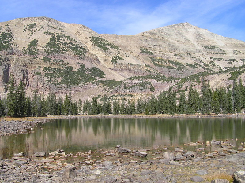 View from Morat Lake (eastern one) toward bench containing Blue Lake and, in background, Mt. Agassiz (09-19-2012)