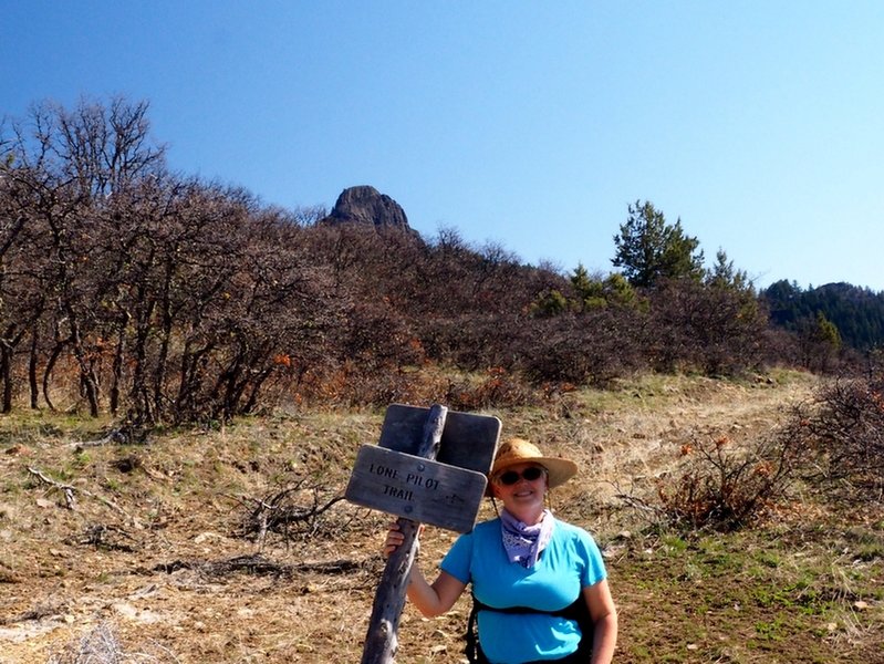 At the junction with the Lone Pilot Trail with Pilot Rock in the distance.