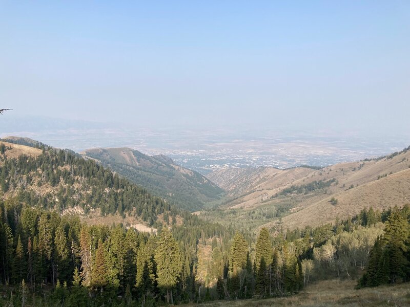 Looking down Dry Canyon and Cache Valley. Low air quality so low visibility.