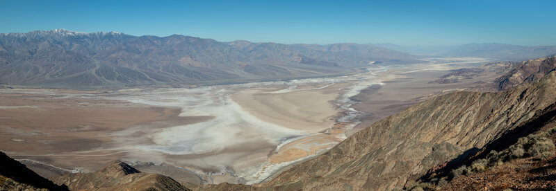 Death Valley from Dantes View. Badwater is 5500 feet below. The Panamint Range frames the valley from the other side and Telescope Peak is still slightly dusted with snow.