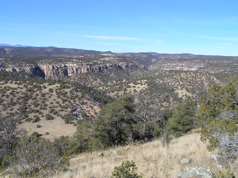 View northwest from trail on final ascent to North Mesa showing canyon that contains Middle Fork Gila River (12-26-2006)