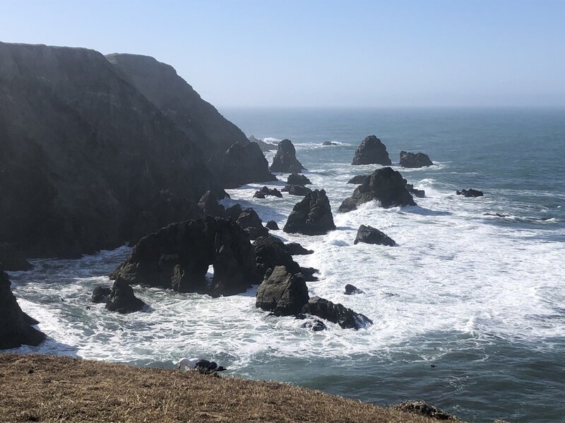 Waves hitting rocks visible from trail.