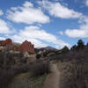 South (left) and North (center left) Gateway Rocks with Ormes Peak (center) in the distance viewed from the Chambers trail.