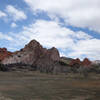 Panoramic view of the Gray Rock (center), Sleeping Giant (left), and South and North Gateway (right) rock formations at the Garden of the Gods.