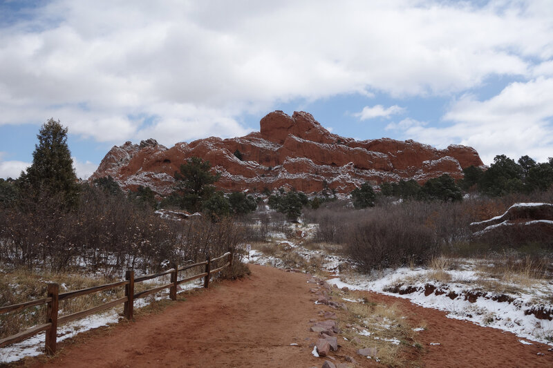 Snowlined Sleeping Giant rock formation viewed from the Scotsman Trail.