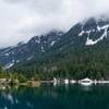 Snowy mountains over Gold Creek Pond.