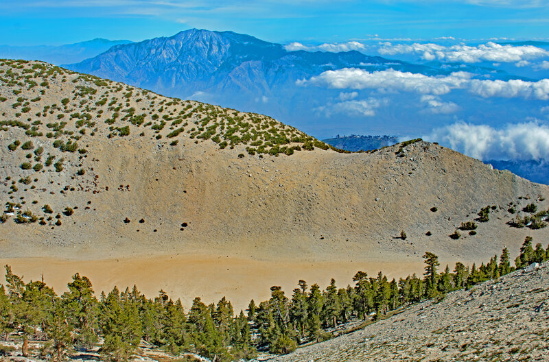 From the Sky High Trail, looking across The Tarn towards San Jacinto Peak with Santa Rosa and Toro peaks in the distant background.