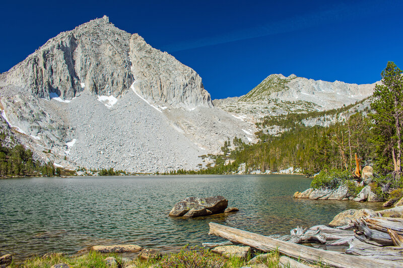 Hilton Lake 4 is directly below the edge of the ridge leading to Mt. Huntington.