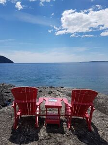 Red chairs rest stop.