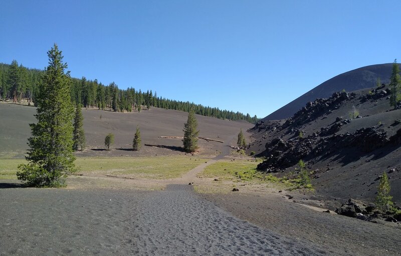 A bit of spring fed greenery stands out in the dry, barren volcanic ash to the west of Cinder Cone.  Cinder Cone is behind Fantastic Lava Beds on the right. Seen looking north from the trail.