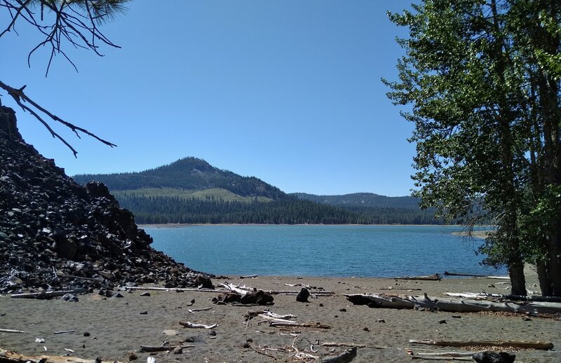 Snag Lake with prominent Mount Hoffman behind it.  Seen looking southeast from the north end of Snag Lake.