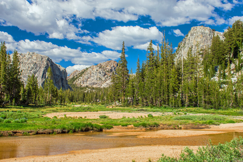 Rancheria Creek passes through one large meadow after another with granite monoliths on all sides.