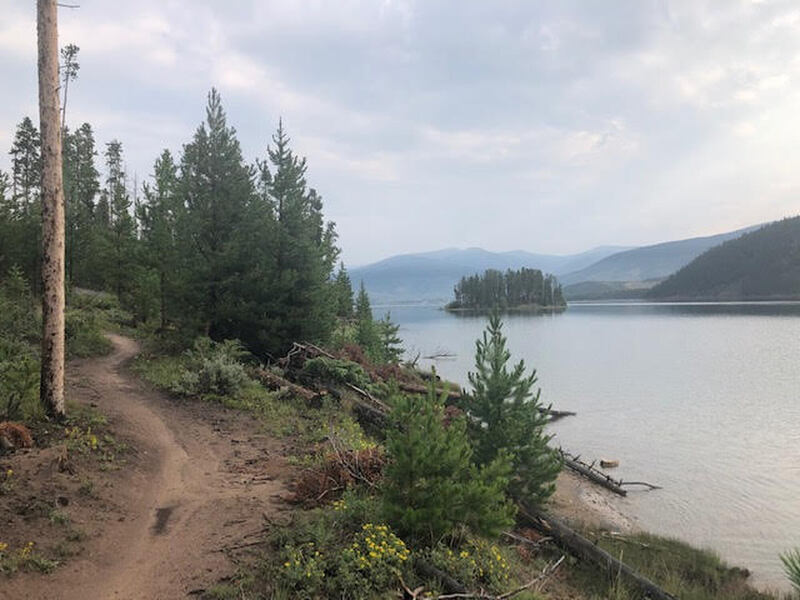 Trail follows the lakeshore the entire time - beautiful view of an island in Lake Dillon.