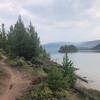 Trail follows the lakeshore the entire time - beautiful view of an island in Lake Dillon.