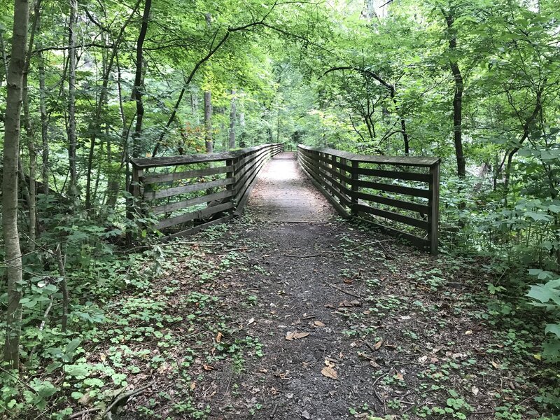 Boardwalk built over old railroad trestle.