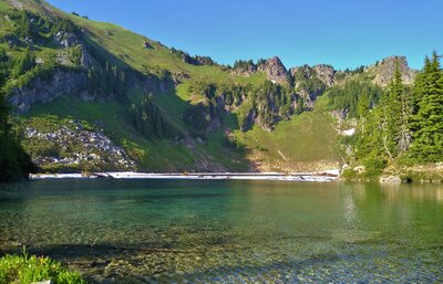 The clear, cold waters of Blue Lake, set in a high mountain cirque.