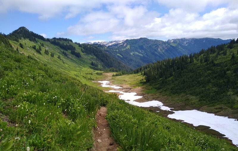 Looking down on Meander Meadows with headwaters of Little Wenatchee River running through it, from high on Little Wenatchee River Trail. Poet Rdige is on the left/northeast side of the valley, and the foot of Cady Ridge is to the right/southwest.