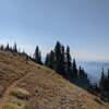 Trail along ridge, Minam Valley off to right (along with smoke).