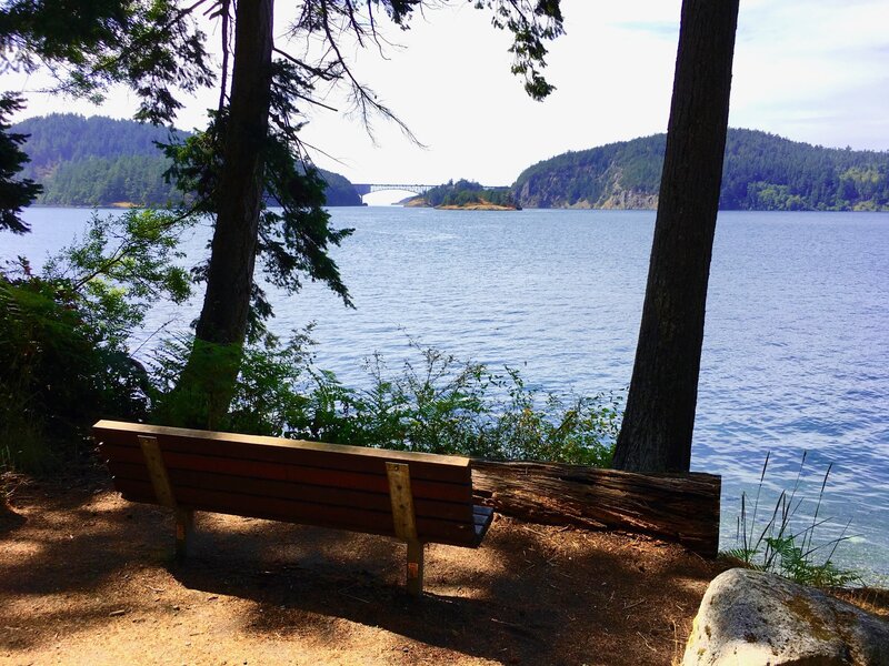 Cornet Bay Road offers easy walking and a bench with a view of Deception Pass bridge.