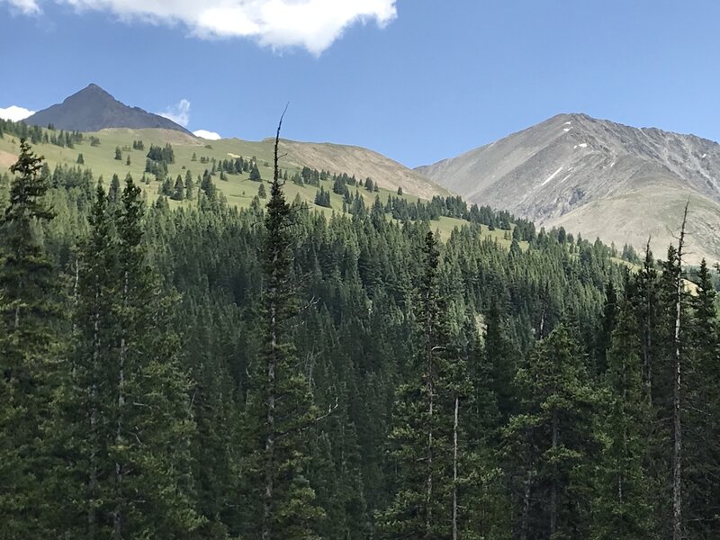 From trailhead brow of Mayflower Hill in foreground, pointed Pacific Peak (13er) behind.