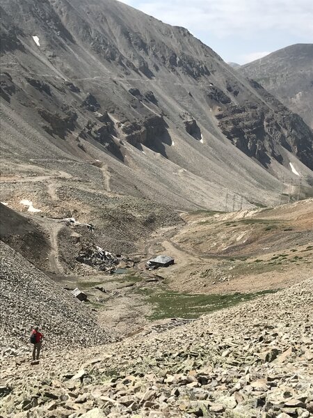 Looking down at Continental Chief Mine from Dyer trail - notice the scree/nature of the trail.