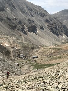Looking down at Continental Chief Mine from Dyer trail - notice the scree/nature of the trail.
