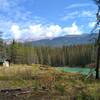 Chaba Warden Shelter at turquoise Long Lake, fed by the Athabasca River.