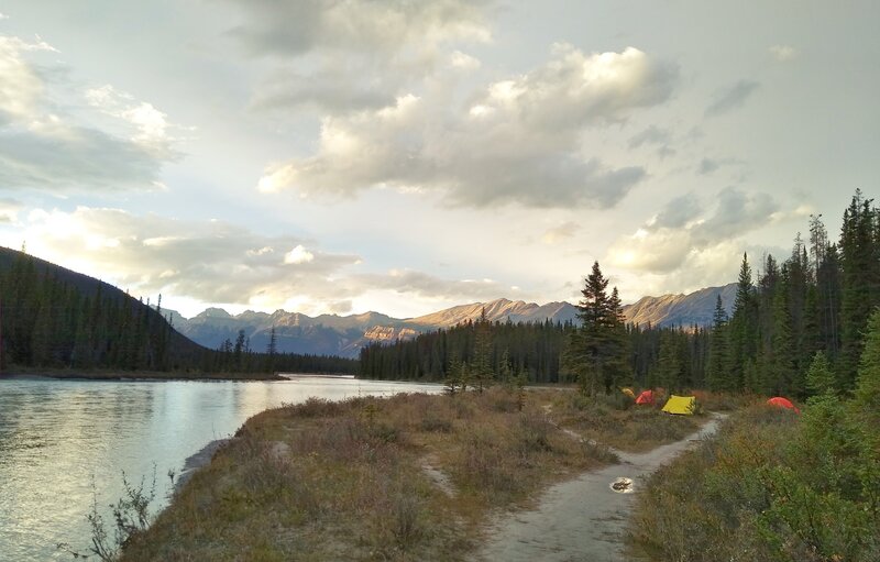 At Big Bend trail camp on the banks of the Athabasca River, looking downstream/north at the end of a September day.