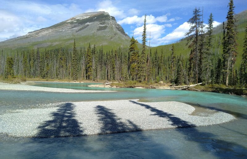 The gorgeous, turquoise Moose River meanders lazily along a flat section of its valley.