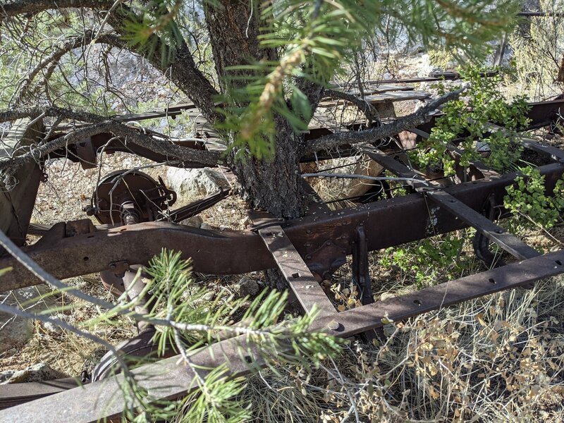 Old train car which likely fell from a cliff above where there was a mine.