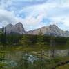 The double peaked mountain (left) is The Rajah, 9,901 ft. Mt. Simla, 9,140 ft., is on the right, looking south from just east of Blue Creek trail camp.