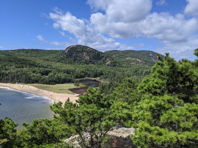 The view South to the sandy beach from Great Head Trail western side of the loop.