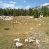 Lower center is the bigger cairn that marks the start of Europe Canyon Alternate Trail Start. Head straight up the center to pick up more obvious trail in the trees.