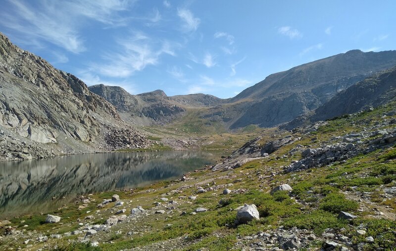 On the trail to Europe Pass (no that's not Europe Pass ahead, Europe Pass is still hidden to the left), passing Lake 10741, heading to Lake 10813, the fourth lake on the way to the pass. Lake 10813, is hiding in the bowl (center) just above Lake 10741.