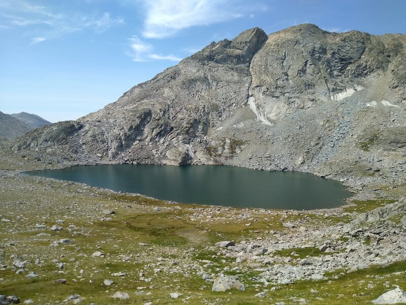 The fifth/last lake, Lake 11023, on the way to Europe Pass. The mountain ridge behind Lake 11023 is the shoulder of Europe Peak, 12,259 ft., that is part of the Continental Divide.