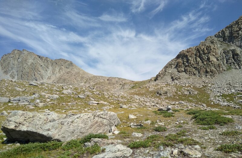 Europe Pass (center) as seen from the west side of the Continental Divide, between Lake 10,813 and Lake 11,023.