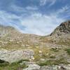 Europe Pass (center) as seen from the west side of the Continental Divide, between Lake 10,813 and Lake 11,023.