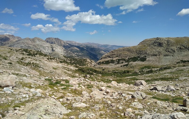 The Middle Fork Bull Lake Valley extends into the distance looking northeast down the east side of the Continental Divide from from Hay Pass.