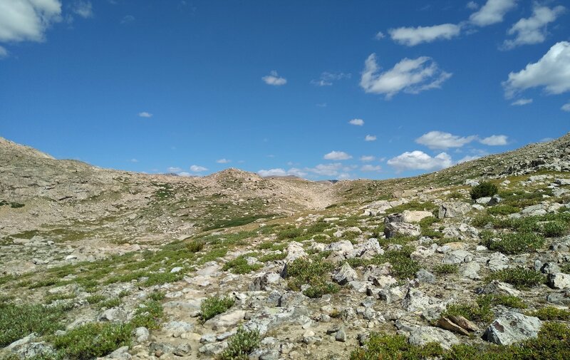 Approaching Hay Pass at 10,960 ft., from the south, the west side of the Continental Divide, in the Wind Rivers, Wyoming.