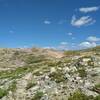 Approaching Hay Pass at 10,960 ft., from the south, the west side of the Continental Divide, in the Wind Rivers, Wyoming.