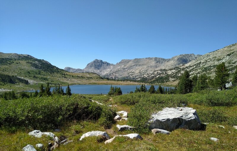 Lake 10322 amid the grass, willows, and small pines of high mountain meadows. North Fork Peak, 11,175 ft. (center left), stands out from the rest of the ridge to the west. Seen looking south on Hay Pass Trail.