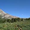 Tromping north through the willows on Hay Pass Trail, Round Top Mountain, 12,048 ft. is seen nearby to the northwest.