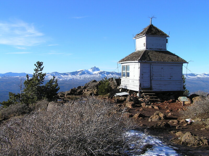 Old lookout on Black Butte and 3-Fingered Jack (in background). (1-13-2018)
