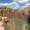 The precarious narrow stretch of rock leading to Angels Landing with Zion Canyon on the right